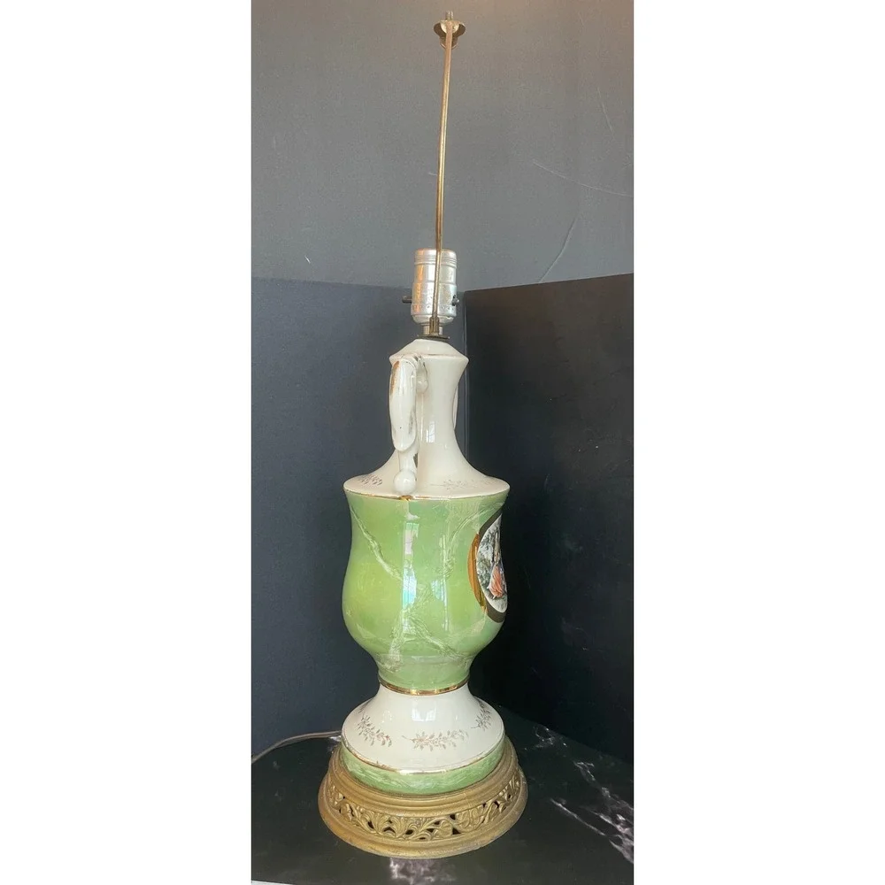Vintage Fragonard Courting Couple Urn Lamp Green Porcelain Gold Trim Brass Base